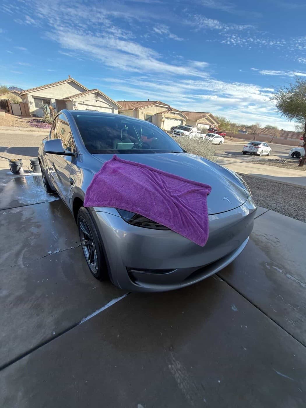 Tesla Model Y being hand washed — mobile detailing Tucson AZ